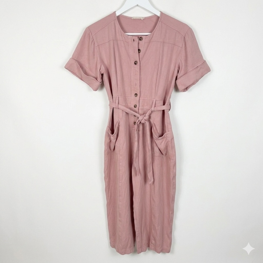 Roolee Pink Short Sleeve Button Front Cropped Leg Rayon Jumper Utility Romper S